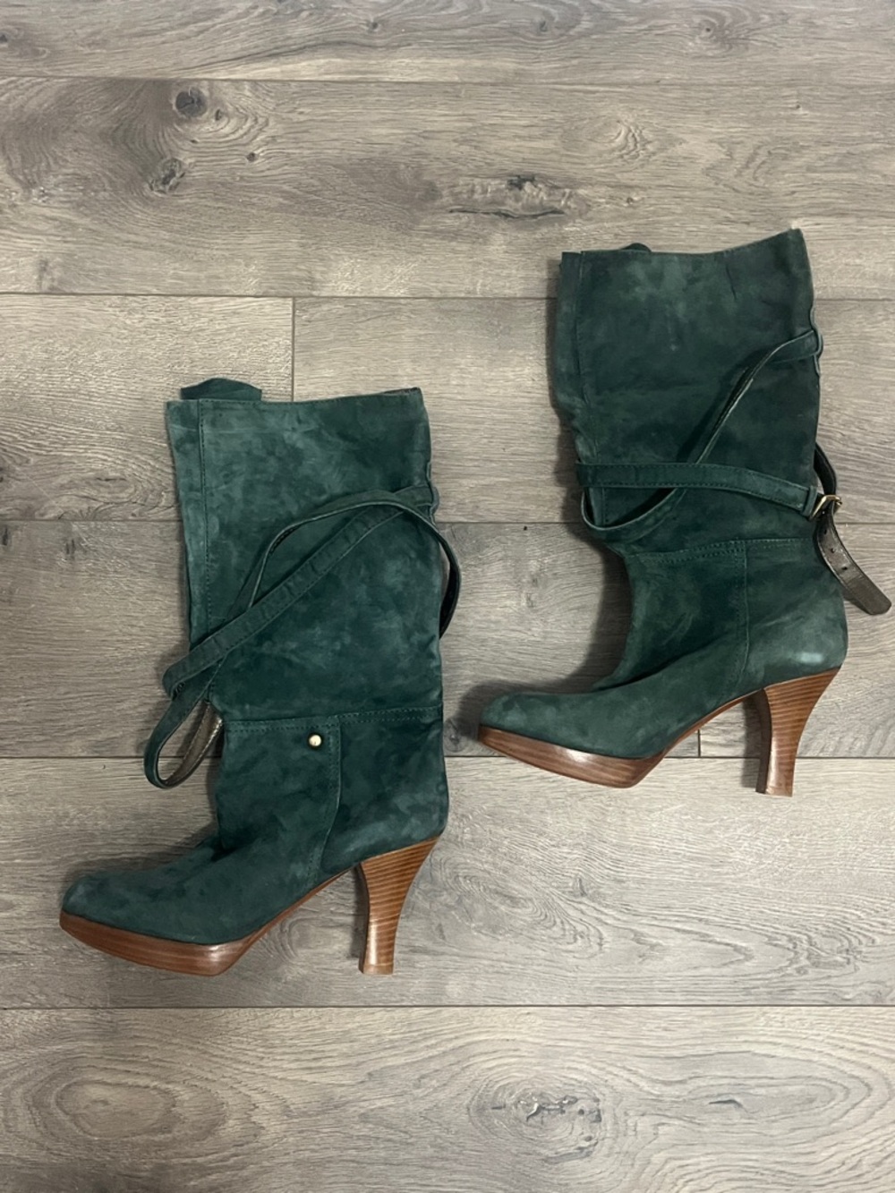 7 For All Mankind Women's Dark Green Suede Mid-Calf Heel Boots